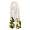Hawaii Vacation Wide Leg Pants Tropical Banana Leaf Print Pocket Belt Pants - Blanc XXXXXL | US 20