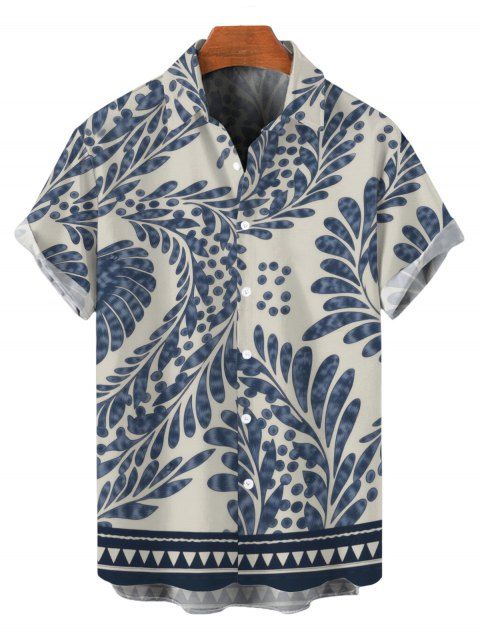Men's Vintage Shirt Botanical Print Shirt Roll Up Sleeve Button Up Retro Shirt