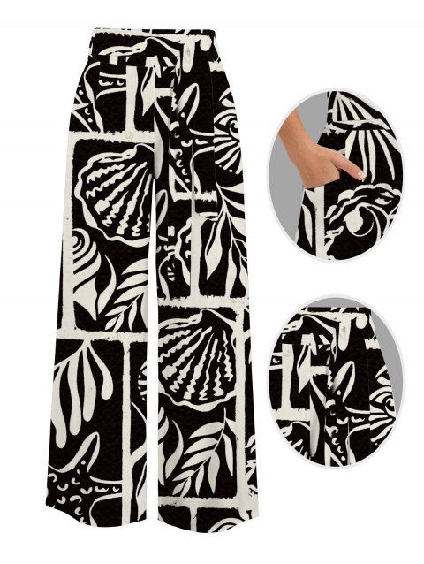 Pantalon de vacances à jambes larges, monochrome, imprimé feuilles, poches et ceinture
