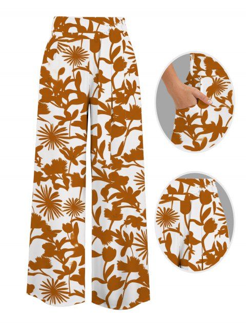 Pantalon de vacances à jambes larges, imprimé floral botanique vintage, poches et ceinture