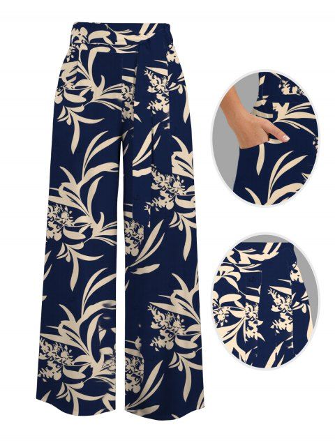 Pantalon de vacances à jambes larges, imprimé botanique, poches et ceinture