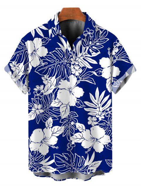 Chemise homme à boutons, motif floral hibiscus tropical et feuilles de monstera, idéale pour les vacances à Hawaï