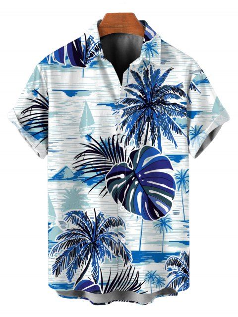 Chemise de plage boutonnée pour homme, motif hawaïen, cocotier et feuilles de monstera.