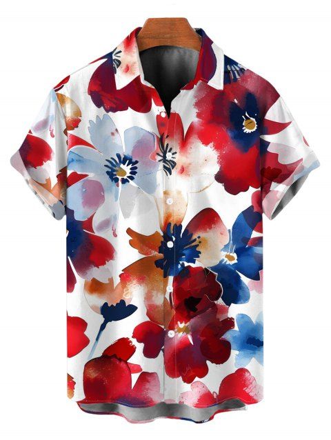Chemise homme style artiste français, à boutons, motif floral aquarelle colorblock