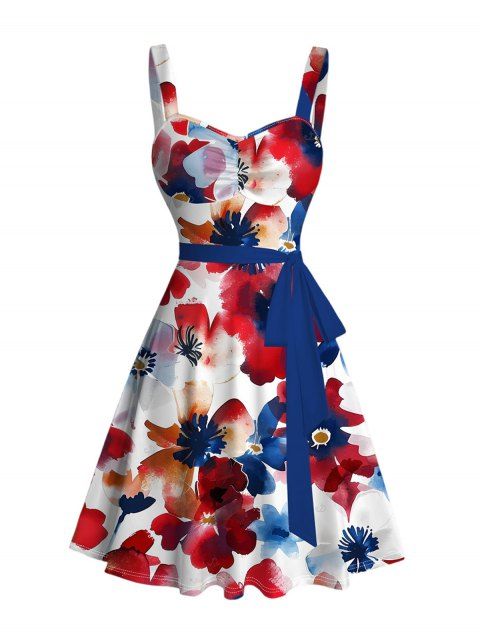 Robe style artiste française, colorblock, motif floral aquarelle, buste froncé, mini-ceinture