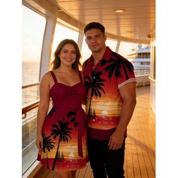 Vacation Couple Outfit Coconut Tree Sunset Print Ruched Belt Dress and Shirt Set