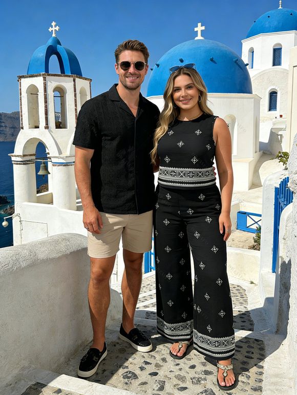 Vintage Vacation Couple Outfit Ethnic Print Tank Top Wide Leg Pants and Geometric Hollow Out Shirt Set - BLACK S | US 4