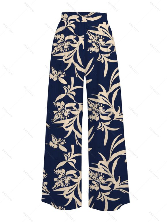 Vacation Wide Leg Pants Botanical Silhouette Print Pocket Belt Pants - Bleu Marine XXL | US 14