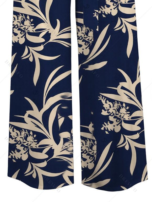 Vacation Wide Leg Pants Botanical Silhouette Print Pocket Belt Pants - Bleu Marine XXL | US 14