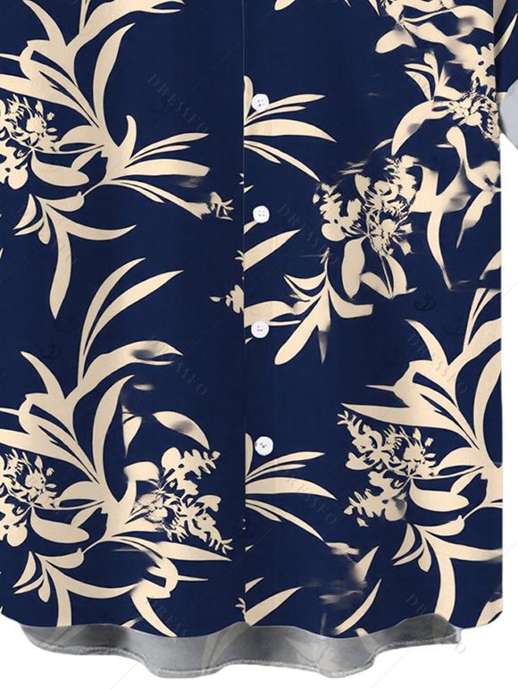 Men's Vacation Shirt Botanical Silhouette Print Button Up Shirt - Bleu de Minuit XXXXXL | US 20