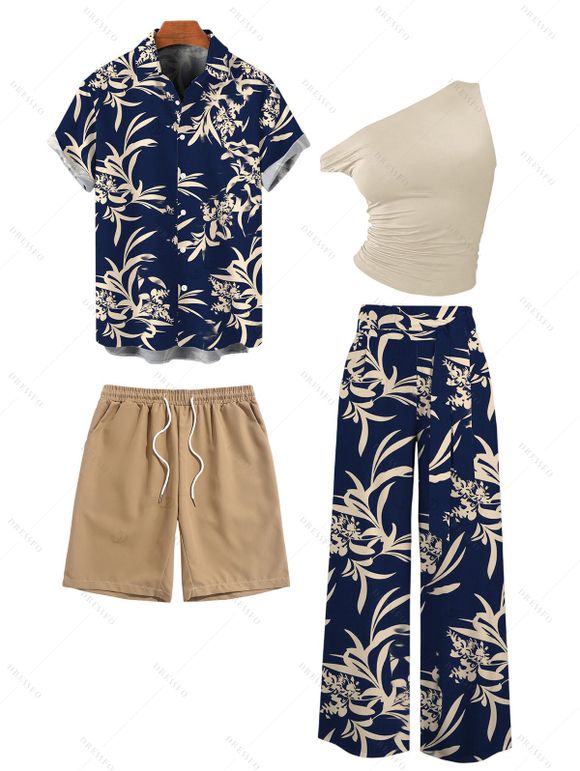 Vacation Couple Outfit Skew Neck Tank Top Botanical Silhouette Print Belt Pants and Shirt Shorts Set - Bleu de Minuit S | US 4