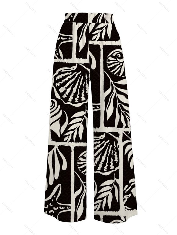 Vacation Wide Leg Pants Monochrome Shell Leaf Print Pocket Belt Pants - Noir XXL | US 14