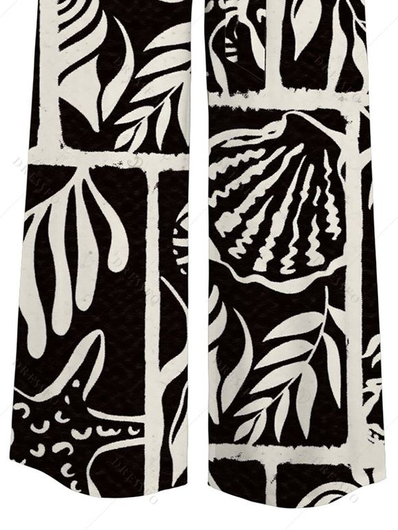 Vacation Wide Leg Pants Monochrome Shell Leaf Print Pocket Belt Pants - Noir XXL | US 14