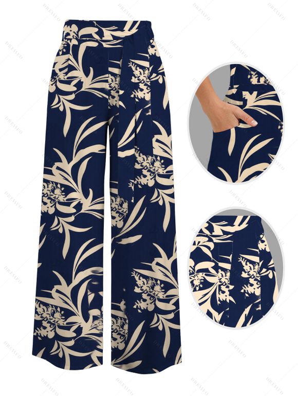 Vacation Couple Outfit Skew Neck Tank Top Botanical Silhouette Print Belt Pants and Shirt Shorts Set - Bleu de Minuit S | US 4