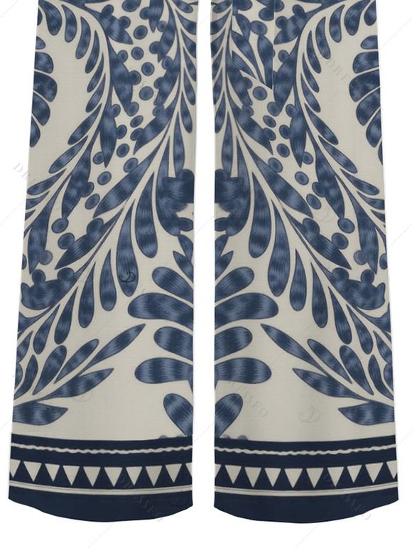 Vintage Wide Leg Pants Botanical Ethnic Print Pocket Long Belt Pants - Bleu gris XXL | US 14