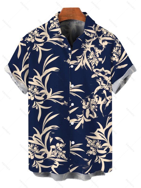 Vacation Couple Outfit Skew Neck Tank Top Botanical Silhouette Print Belt Pants and Shirt Shorts Set - Bleu de Minuit S | US 4