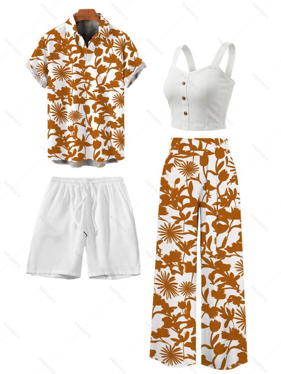 Vacation Couple Outfit Padded Cropped Tank Top Botanical Silhouette Print Belt Pants and Shirt Shorts Set - Brun Légère S | US 4