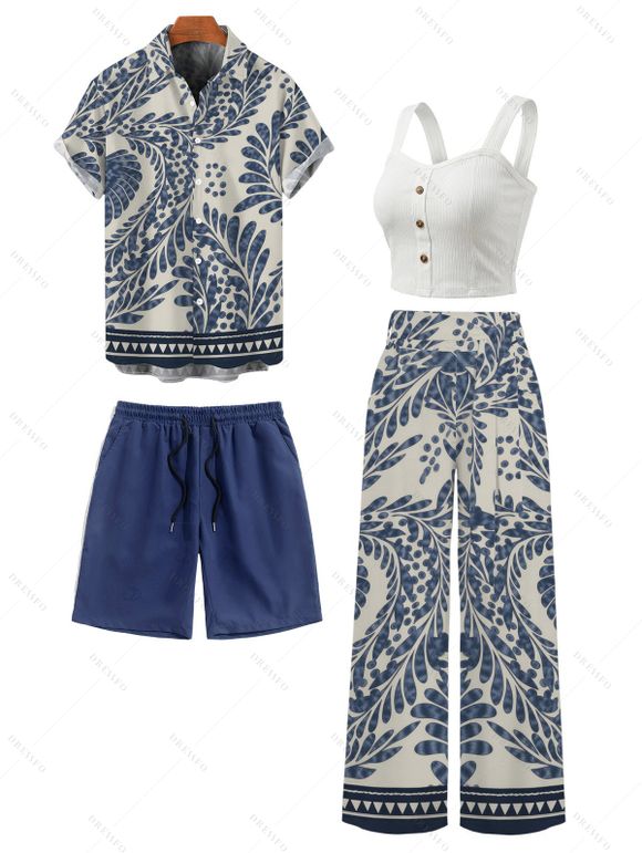 Ethnic Style Couple Outfit Textured Padded Cropped Tank Top Botanical Print Belt Pants and Shirt Shorts Set - Bleu gris S | US 4