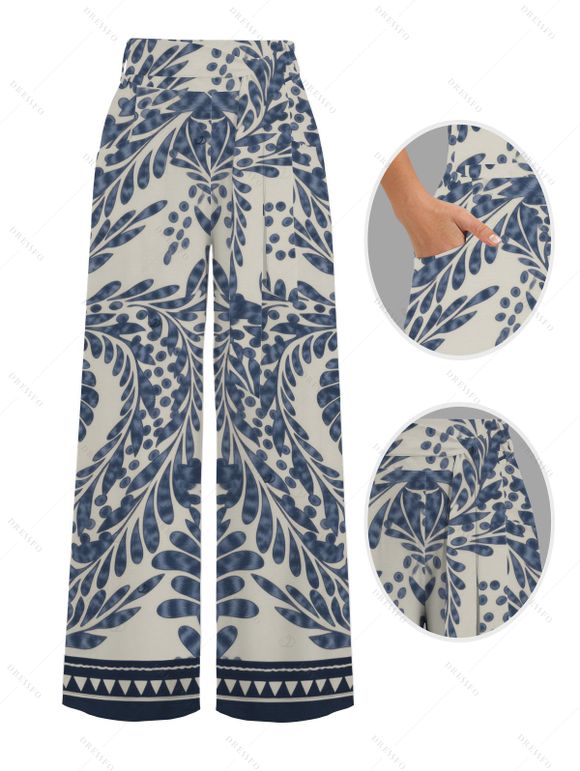 Ethnic Style Couple Outfit Textured Padded Cropped Tank Top Botanical Print Belt Pants and Shirt Shorts Set - Bleu gris S | US 4