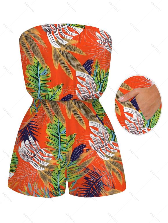 Hawaii Vacation Romper Colorblock Tropical Palm Leaf Print Pocket Off the Shoulder Romper - Orange XXL | US 14