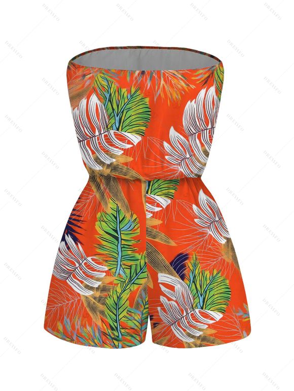 Hawaii Vacation Romper Colorblock Tropical Palm Leaf Print Pocket Off the Shoulder Romper - Orange XXL | US 14