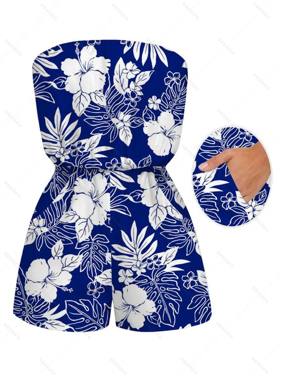 Hawaii Vacation Romper Hibiscus Floral Tropical Monstera Leaf Print Pocket Off the Shoulder Romper - Bleu XXL | US 14