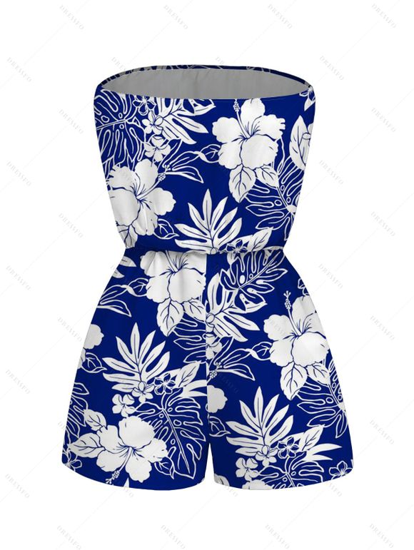 Hawaii Vacation Romper Hibiscus Floral Tropical Monstera Leaf Print Pocket Off the Shoulder Romper - Bleu XXL | US 14