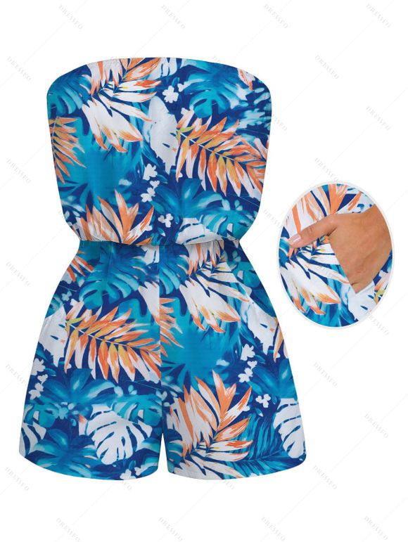 Hawaii Vacation Romper for Beach Colorblock Tropical Monstera Leaf Print Pocket Off the Shoulder Romper - Bleu Toile de Jean XXL | US 14