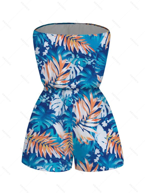 Hawaii Vacation Romper for Beach Colorblock Tropical Monstera Leaf Print Pocket Off the Shoulder Romper - Bleu Toile de Jean XXL | US 14