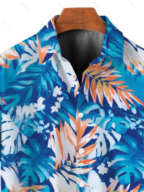 Men's Hawaii Vacation Shirt for Beach Colorblock Tropical Monstera Leaf Print Button Up Shirt - Bleu Toile de Jean 5XL