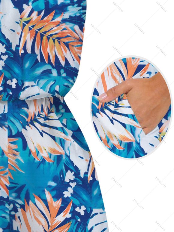 Hawaii Vacation Romper for Beach Colorblock Tropical Monstera Leaf Print Pocket Off the Shoulder Romper - Bleu Toile de Jean XXL | US 14
