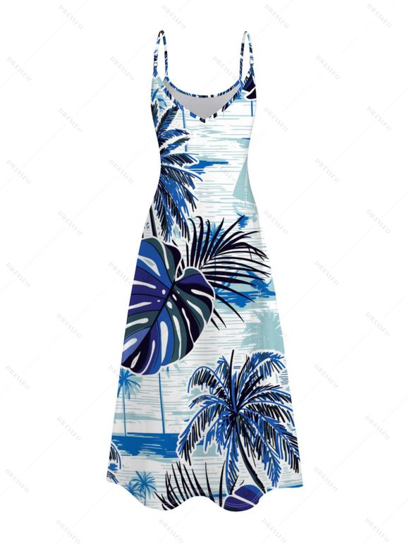 Hawaii Vacation Dress Coconut Tree Monstera Leaf Coastal Print Pocket Spaghetti Strap Beach Long Dress - Bleu XXXXXL | US 20
