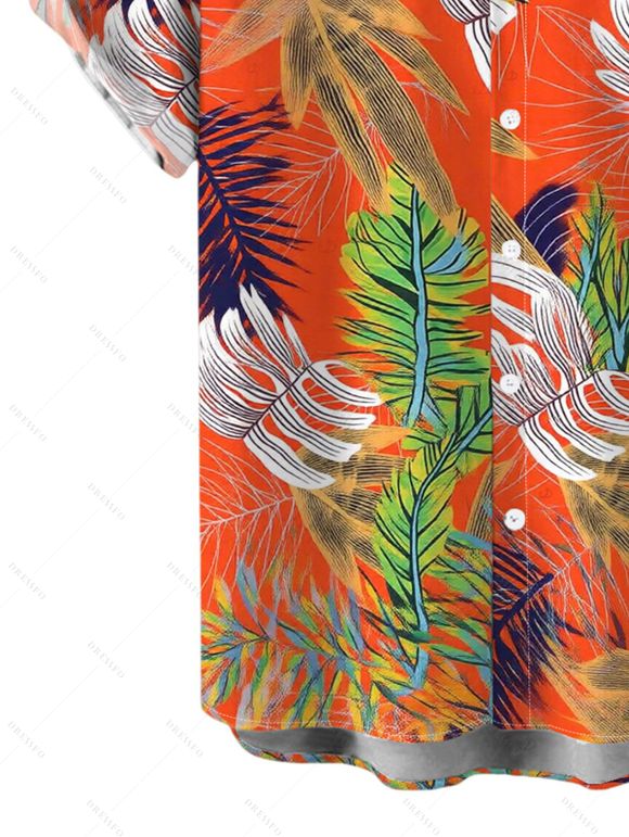 Men's Hawaii Vacation Shirt Colorblock Tropical Palm Leaf Print Button Up Shirt - Orange 5XL