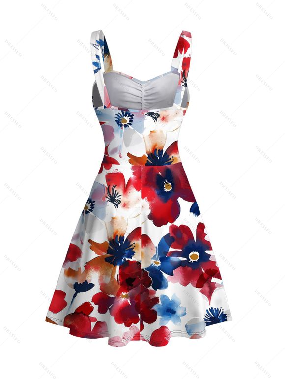 French Artist Style Couple Outfit Colorblock Watercolor Floral Pattern Ruched Bust Belt Dress and Shirt Set - multicolor A S | US 4