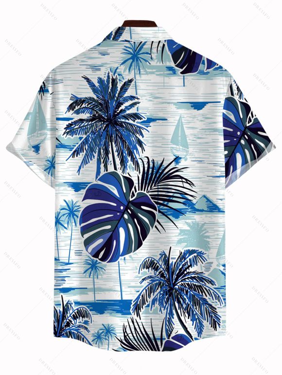 Hawaii Vacation Couple Outfit Coconut Tree Monstera Leaf Coastal Print Pocket Long Dress and Shirt Beach Set - Bleu S | US 4