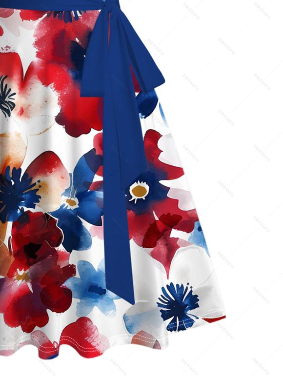 French Artist Style Couple Outfit Colorblock Watercolor Floral Pattern Ruched Bust Belt Dress and Shirt Set - multicolor A S | US 4