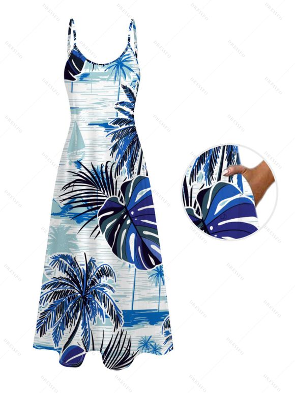 Hawaii Vacation Couple Outfit Coconut Tree Monstera Leaf Coastal Print Pocket Long Dress and Shirt Beach Set - Bleu S | US 4
