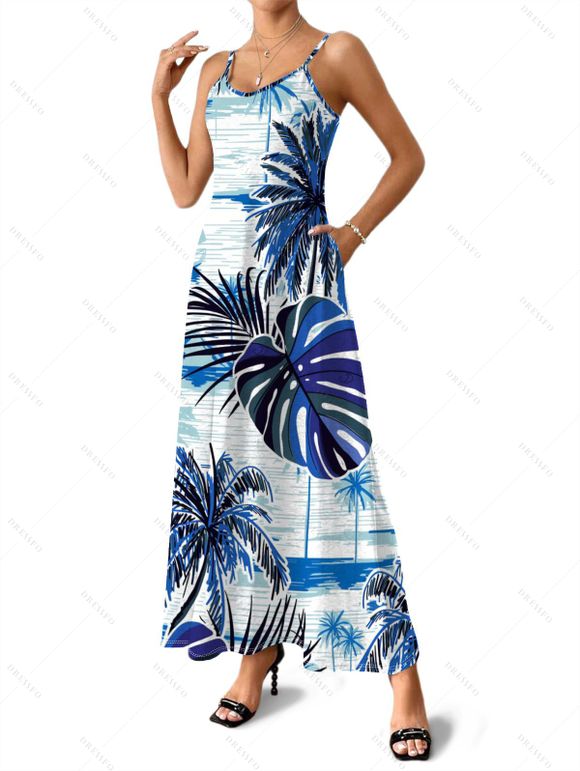 Hawaii Vacation Couple Outfit Coconut Tree Monstera Leaf Coastal Print Pocket Long Dress and Shirt Beach Set - Bleu S | US 4