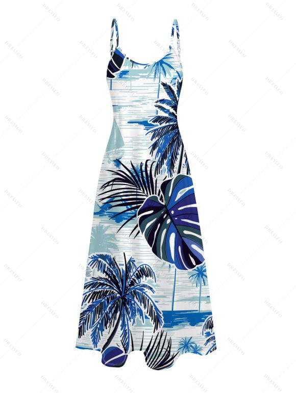 Hawaii Vacation Couple Outfit Coconut Tree Monstera Leaf Coastal Print Pocket Long Dress and Shirt Beach Set - Bleu S | US 4