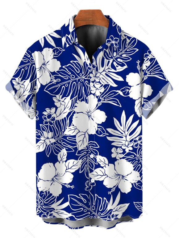 Hawaii Vacation Couple Outfit Sketch Hibiscus Floral Monstera Leaf Print Pocket Off the Shoulder Romper and Shirt Set - Bleu S | US 4