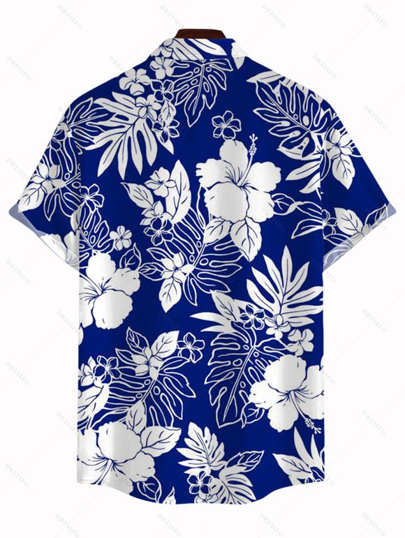 Hawaii Vacation Couple Outfit Sketch Hibiscus Floral Monstera Leaf Print Pocket Off the Shoulder Romper and Shirt Set - Bleu S | US 4