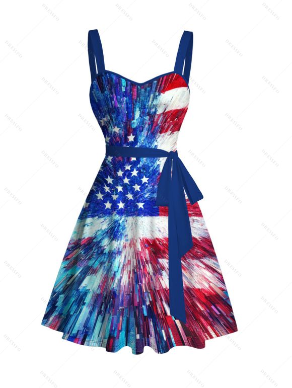 Independence Day Couple Outfit Radial Dynamic American Flag Star Stripe Print Ruched Bust Belt Dress and Shirt Patriotic Set - multicolor A S | US 4