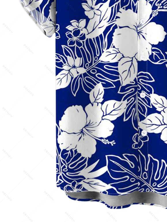 Hawaii Vacation Couple Outfit Sketch Hibiscus Floral Monstera Leaf Print Pocket Off the Shoulder Romper and Shirt Set - Bleu S | US 4