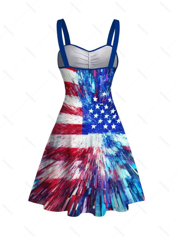 Independence Day Couple Outfit Radial Dynamic American Flag Star Stripe Print Ruched Bust Belt Dress and Shirt Patriotic Set - multicolor A S | US 4