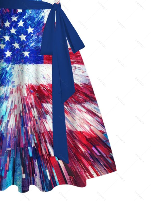 Independence Day Couple Outfit Radial Dynamic American Flag Star Stripe Print Ruched Bust Belt Dress and Shirt Patriotic Set - multicolor A S | US 4