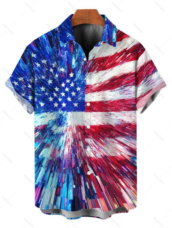 Independence Day Couple Outfit Radial Dynamic American Flag Star Stripe Print Ruched Bust Belt Dress and Shirt Patriotic Set - multicolor A S | US 4