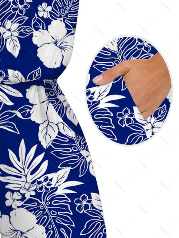 Hawaii Vacation Couple Outfit Sketch Hibiscus Floral Monstera Leaf Print Pocket Off the Shoulder Romper and Shirt Set - Bleu S | US 4