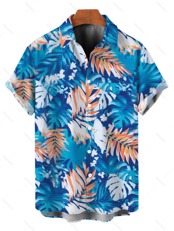 Hawaii Vacation Couple Outfit for Beach Colorblock Tropical Monstera Leaf Print Pocket Off the Shoulder Romper and Shirt Set - Bleu Toile de Jean S | US 4