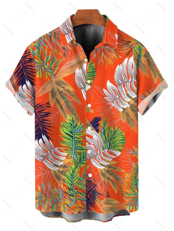 Hawaii Vacation Couple Outfit Colorblock Tropical Palm Leaf Print Pocket Off the Shoulder Romper and Shirt Set - Orange S | US 4