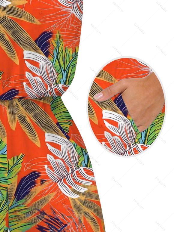 Hawaii Vacation Couple Outfit Colorblock Tropical Palm Leaf Print Pocket Off the Shoulder Romper and Shirt Set - Orange S | US 4